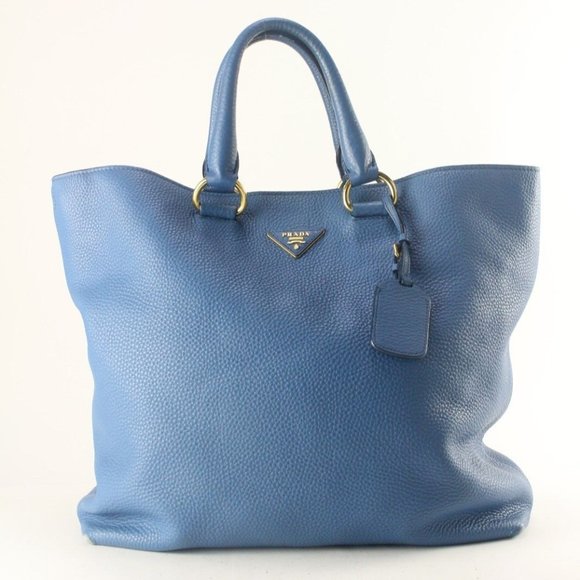 PRADA Blue Daino Vitello Leather Tote 4PR817K - Picture 1 of 11